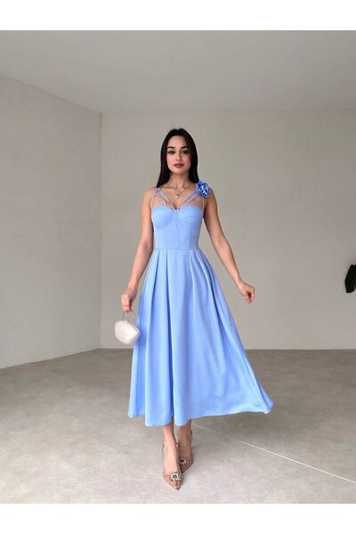 Afiş Butik Bebe Mavi Askılı Göğüs Cuplu Pileli Elbise
