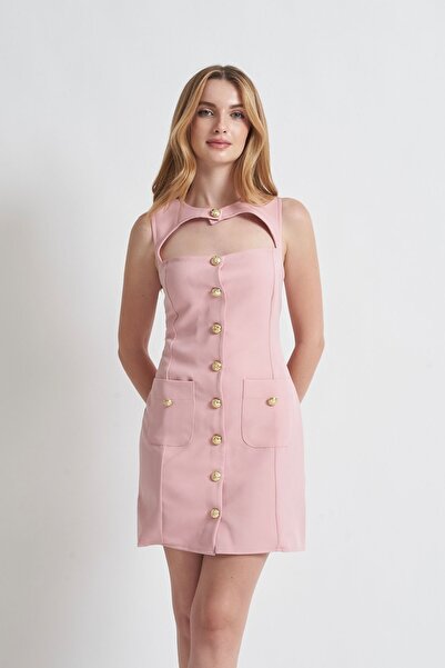 Rabia Çelik Kadın Pudra Göğüsü Pencere Detaylı Gold Düğmeli Mini Elbise