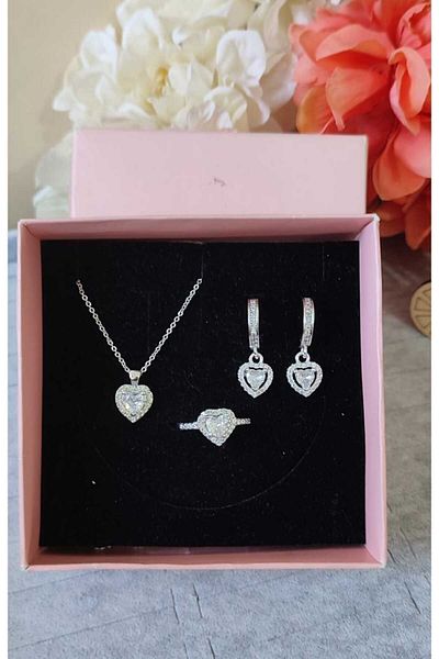 HKN AVM ACCESSORİES Steel Pandora,L Ring Necklace Earring Ring Set Serious Relationship Ring