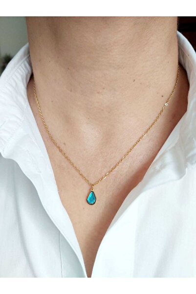 DEVİ fashion Çelik Turkuaz Taşlı Damla Uçlu Zarif Kolye