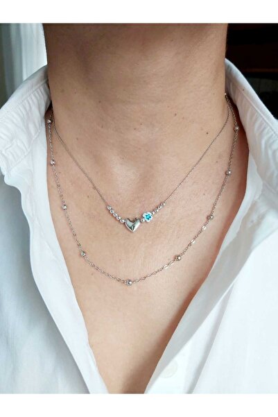 DEVİ fashion Kalpli Nazar Boncuklu İkili Zincirli Silver Renkli Kolye
