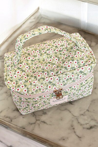 BAHELS Yeşil Çıtır Çiçek Seyahat Makyaj Çantası