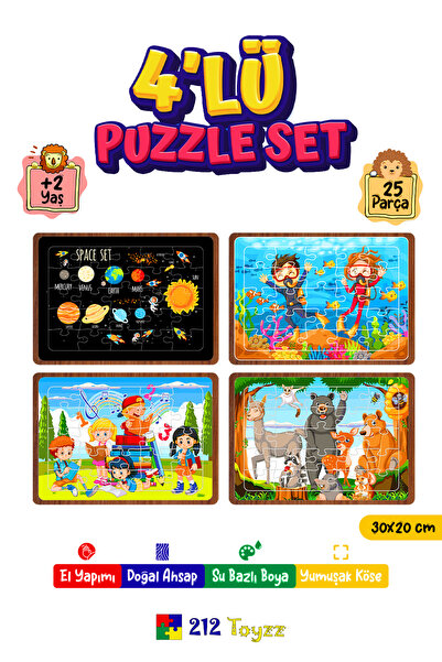 212toyzz Çocuklar Için Eğitici Ve Öğretici Ahşap 25 Parça Renkli Puzzle 4lü S...