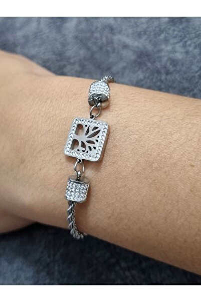 Brassito سوار نسائي من الفولاذ بتصميم مربع من حجر الزركون - لون فضي مع تفاصيل شجرة، خالٍ من التشويه، 100% من الفولاذ