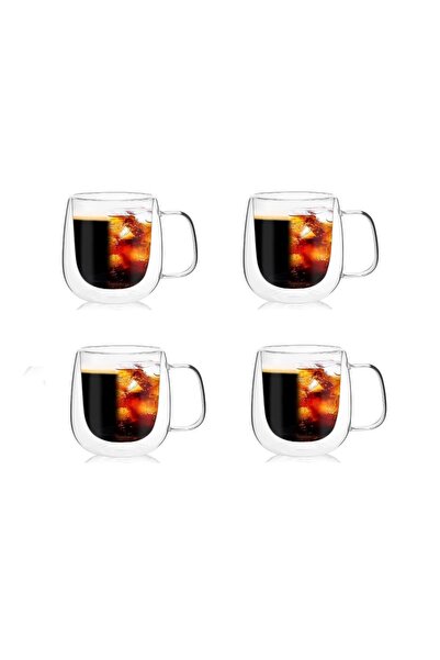 bamboo star 4 Adet Çift Cidarlı 250 Ml Kulplu Cam Çay Kahve Süt Kupa,  Borosi...