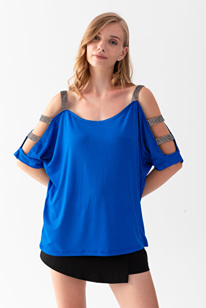 EtkiModa Γυναικεία Saks Μπλε μπλούζα V με ανοιχτούς ώμους και λεπτομέρειες γυαλάδας από βισκόζη