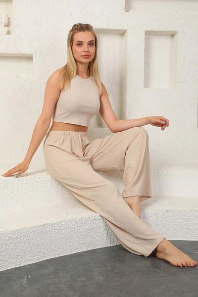 PİERLES Plus Size Women's Seersucker Pants - Elastic Waist, Wide Leg Oversize Summer