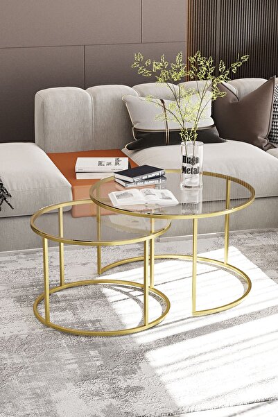 Huga Metal Yavrulu Orta Sehpa 2'li 75 Cm Şeffaf Cam