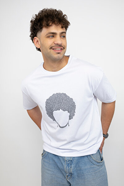 Erkek Örme Kumaş Logo Baskılı Sıfır Yaka %100 Pamuk Beyaz T-Shirt