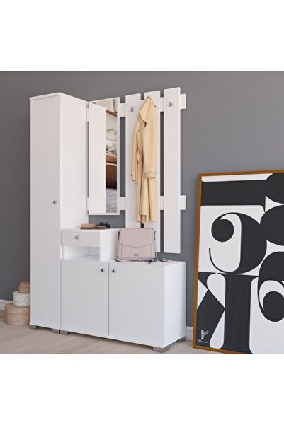 birnur pazar Birnurpazar Kumsal Aynalı Vestiyer Portmanto Takımı - Beyaz