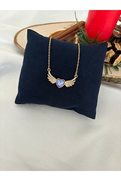 kmer 316 L Çelik Melek Kanatlı Taşlı Kalp Kolye