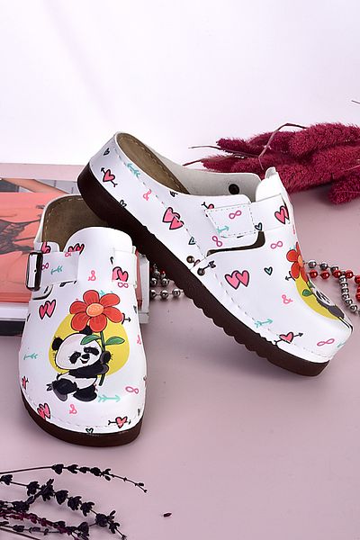 azizsahinshoes 3026 Μοντέλο Ανατομικές Παντόφλες με μοτίβο Panda που κρατούν λουλούδια