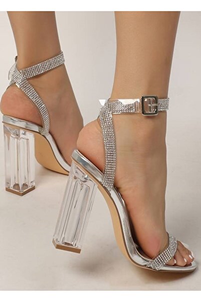 TrendyAnka Lady Gümüş Şeffaf Kristal Taşlı Şeffaf 10 Cm Kare Topuklu Düğün Nişan Abiye Gece Ayakkabı Sandalet