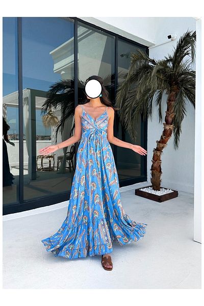 Mir Kar Rochie lungă din șifon - decolteu în V și bretele cu imprimeu floral