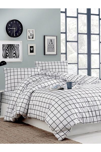 CARWEN TEKSTİL Black Checkered Natural Ranforce Cotton Duvet Cover Set Double