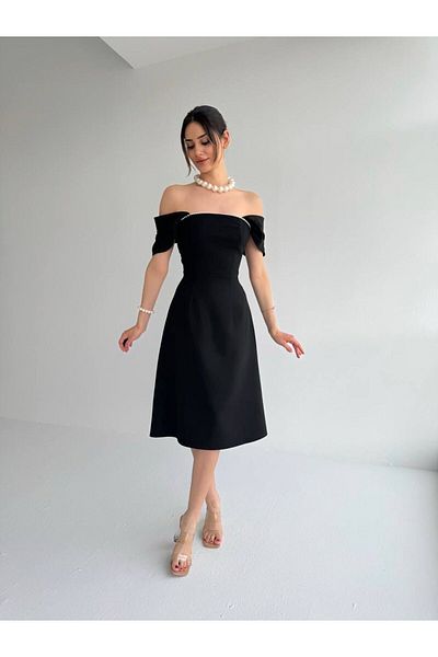 maf collection Μαύρο Midi Βραδινό Φόρεμα - Πέρλα Λεπτομερές Φόρεμα Επιστροφής στο Σπίτι
