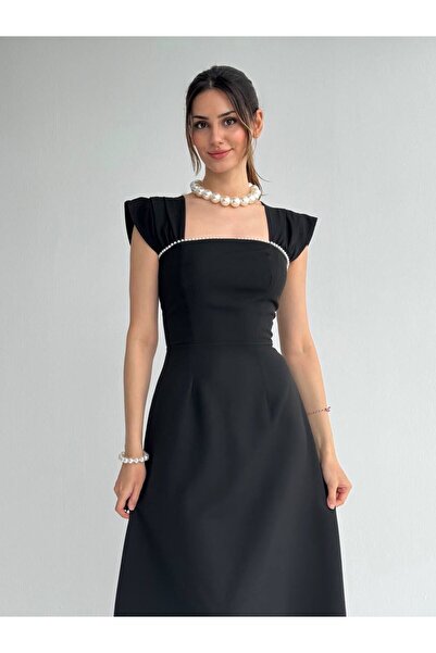maf collection İnci detaylı Midi siyah abiye mezuniyet elbisesi