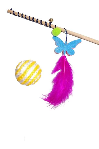 Be Cat Cat Fishing Rod Felt Butterfly And Colorful Cat Game Ball - Set of 2