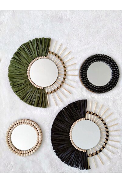 BOHEM Siyah Rafya Ayna Seti ,bambu Ayna, Ahşap Boncuklu Ayna, Dresuar Ayna Seti