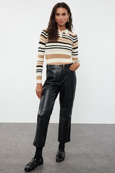 Trendyol Collection Polo Neck Striped Crop Knitwear Sweater - Twoaw24Kz01205