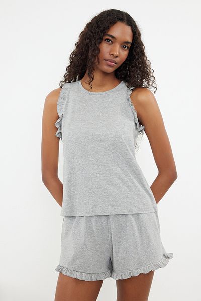 Trendyol Collection Grau meliertes Strickpyjama-Set aus 100 % Baumwolle mit Rüschendetails THMSS22AU0304