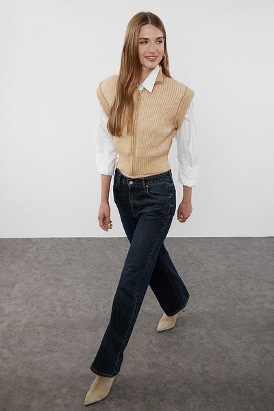 Trendyol Collection Beige Soft Textured Vest with Stand Collar - Zipper Detail Twoaw25Ye00033