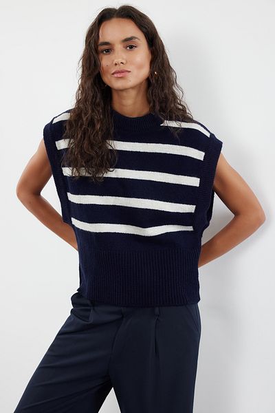 Trendyol Collection Marineblau gestreifter weicher Strickpullover – Rundhalsausschnitt TWOAW25SV00027