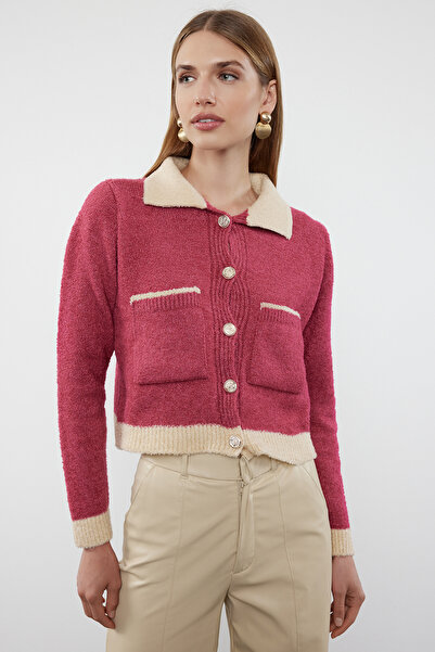 Trendyol Collection Polo Neck Pink Knitwear Cardigan - Coat Look Boucle Twoaw25Hi00077
