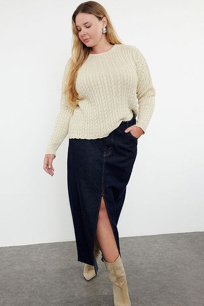 Trendyol Curve Beige Crop Knitwear Sweater with Hair Braid - TBBAW25AN00007