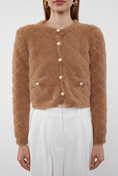 Trendyol Collection Mink Color Crop kötöttáru kardigán - tollkabát megjelenés TWOAW25HI00177