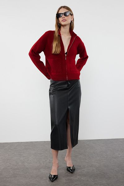 Trendyol Collection Weicher, weinroter Strick-Cardigan mit Reißverschluss TWOAW25HI00019