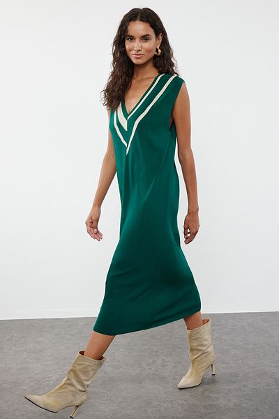 Trendyol Collection Μίνι Πλεκτό Φόρεμα Color Blocked Emerald Green - TWOAW23EL00197