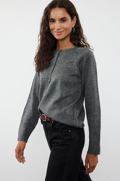 Trendyol Collection Soft Knitwear Sweater - Button Detail, Anthracite Twoaw25Kz00103