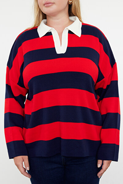 Trendyol Curve Pruhovaný barevný pletený svetr s pololímečkem - TBBAW23AN00045