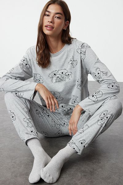 Trendyol Collection Pamut szürke melange állatmintás pizsama szett - THMAW25PT00020