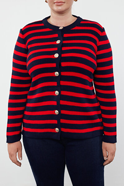 Trendyol Curve Navy Blue-Red Striped Jacket Look Knitwear Cardigan Tbbaw24Av00011