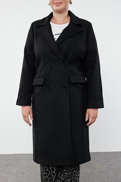 Trendyol Curve Černý kabátek ze směsi vlny - Regular Fit, obal na kapsy TBBAW24DD00014