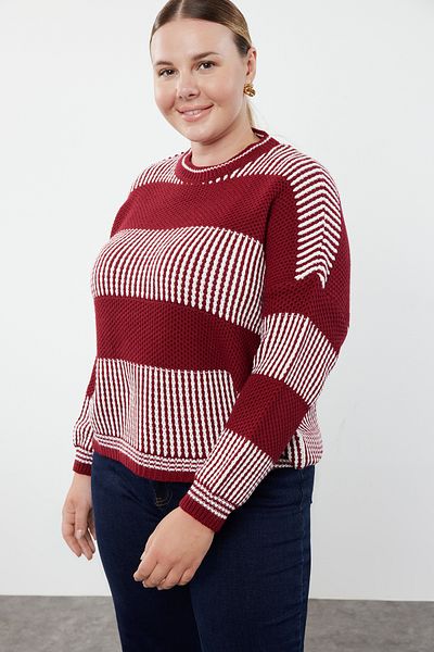 Trendyol Curve Csíkos nyakú piros-ekrü csíkos pulóver - TBBAW23AN00192