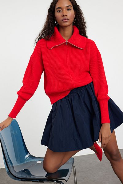 Trendyol Collection Cardigan roșu cu fermoar cu fermoar cu guler răsturnat - TWOAW24HI00072
