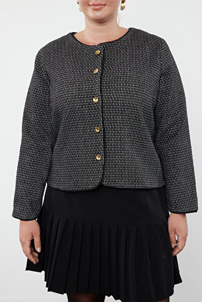 Trendyol Curve Tweed Buttoned Jacket - Black-White Plaid, Lined TBBAW25AG00000