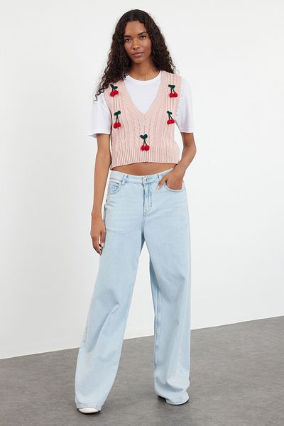 Trendyol Collection Fruit Patterned Pink Crop Knitwear Sweater - Twoaw25Sv00021