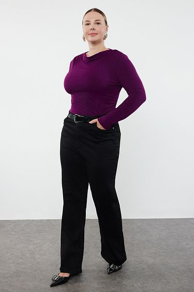Trendyol Curve Plus Size Body in Pflaumenfarbe – Stehkragen und Raffung TBBAW25CS00001