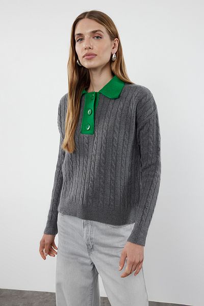 Trendyol Collection Polo Collar Anthracite Knitwear Sweater - Soft Texture, Color Block Twoaw25Kz00029