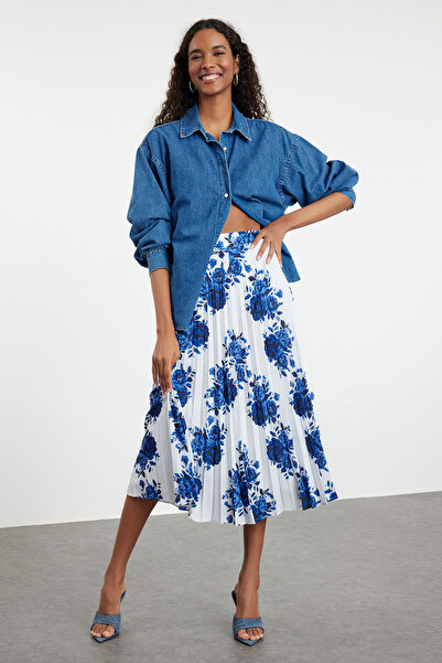 Trendyol Collection Темно-синя плісирована спідниця з візерунком Gul TWOSS24ET00264