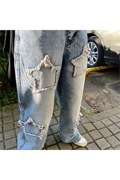 Gofeel Buz Mavisi Taşlanmış Yıldız Yamalı Vintage Baggy Kot Pantolon