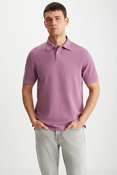 GRIMELANGE LAPORTE Men's Slim Fit Plum Polo Collar Textured T-shirt