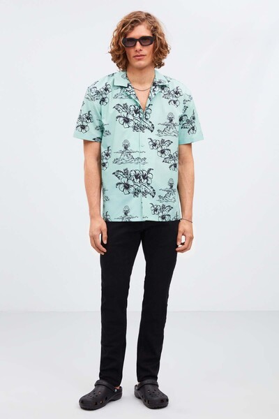 GRIMELANGE Almeıra Erkek %100 Pamuk Poplin Kumaşlı Desenli Yazlık Mint Yeşil Gömlek