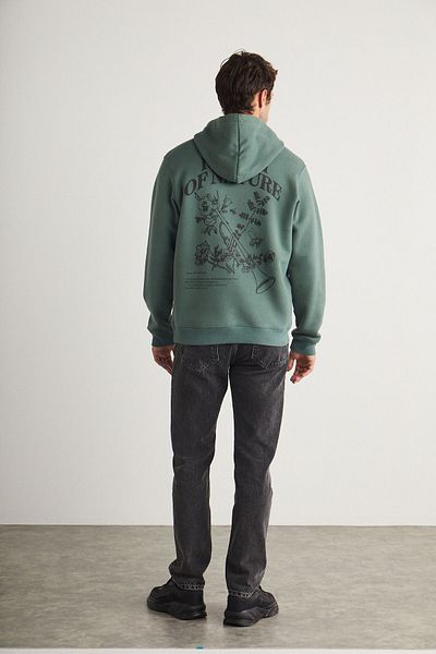 GRIMELANGE Arsenia Men's Hooded Regular Fit Green Printed Sweatshirt with Fleece Inside