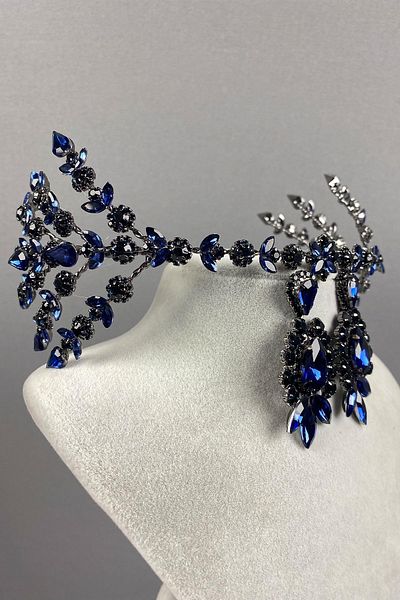 Hayalperest boncuk Navy Blue Hellenist Double Sided Bridal Henna Crown and Jewelled Earring Set
