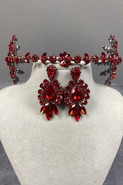 Hayalperest boncuk Red Helenist Double Sided Bridal Henna Crown and Jewelled Earring Set